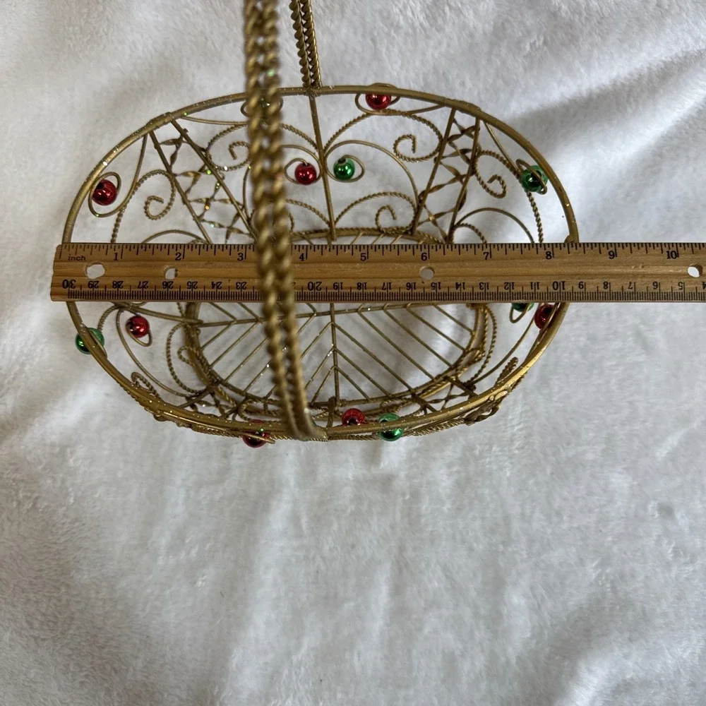 Gold‎ Wire Christmas Basket with Red and Green Ornaments Holiday Decor 11 inch